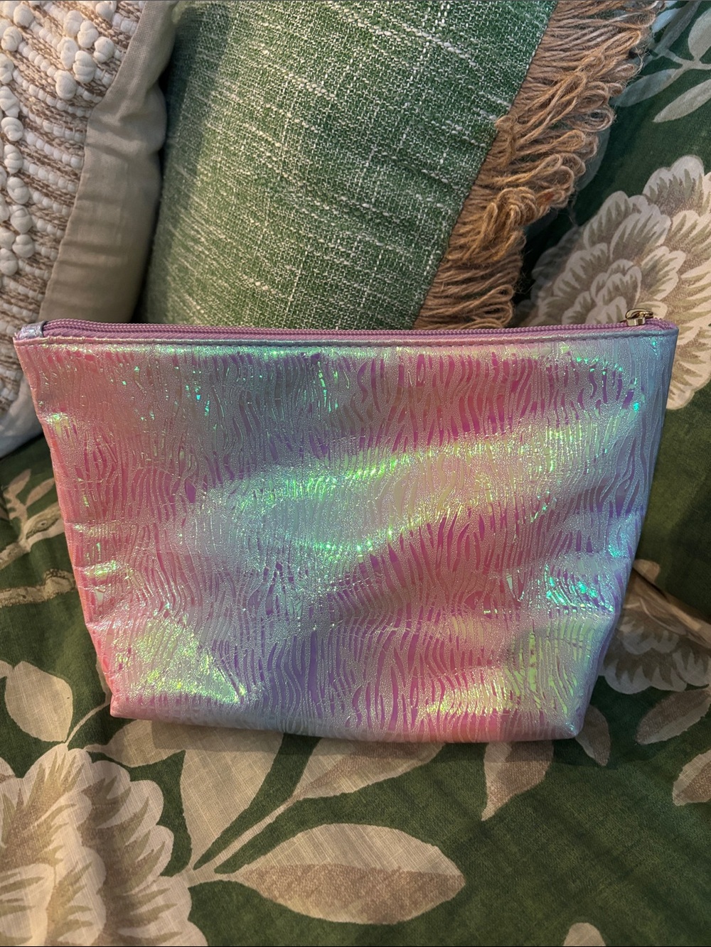 Iridescent Pink Zebra-Print Cosmetic Pouch 7” x 9”